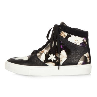 Black leather floral print high top trainers